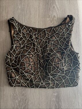 Terani Couture Black Beaded Mesh Crop Top